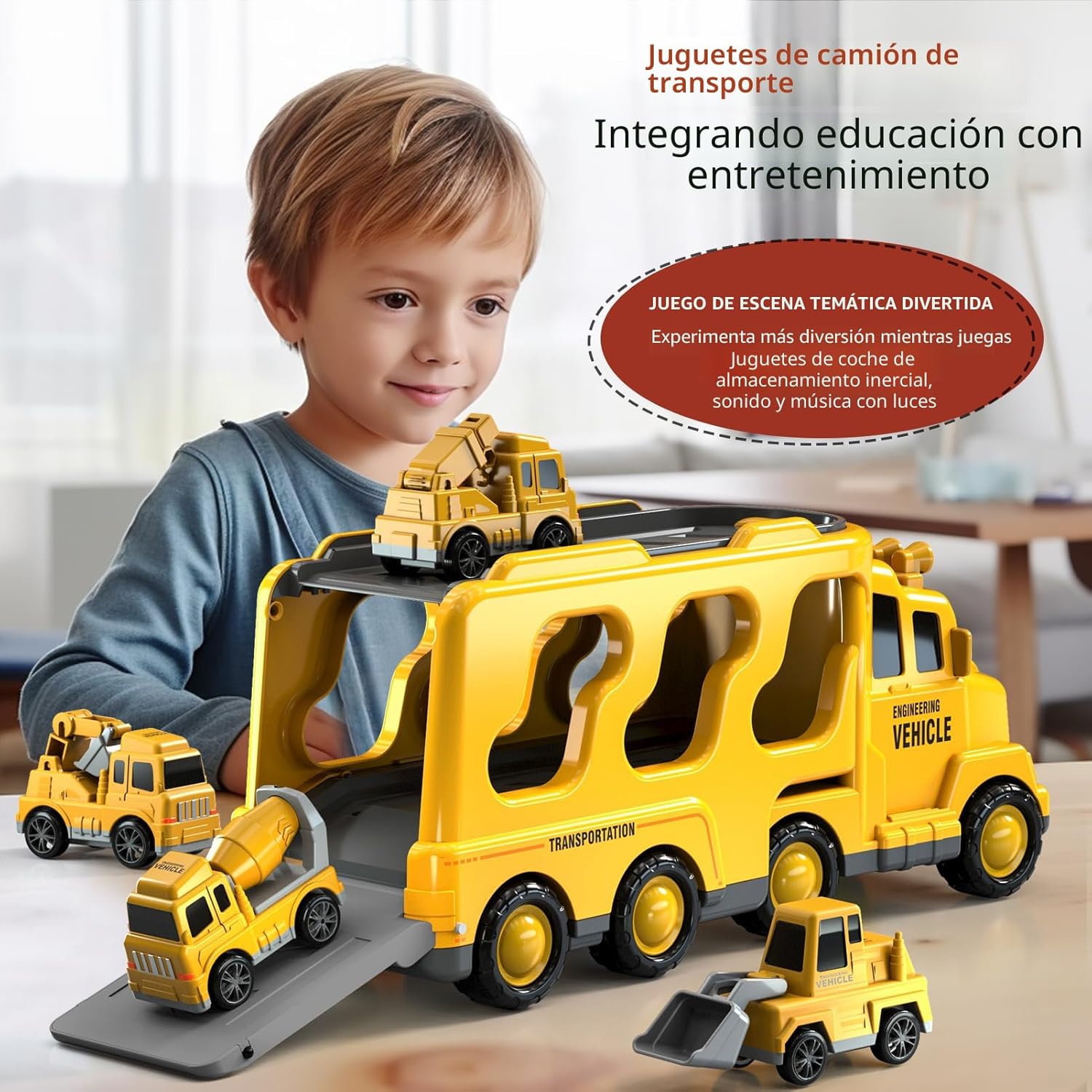 Fidtoy Coffret de 5 camions de construction 5 en 1 pour tout-petits avec lumières et sons, excavatrice, bulldozer, grue