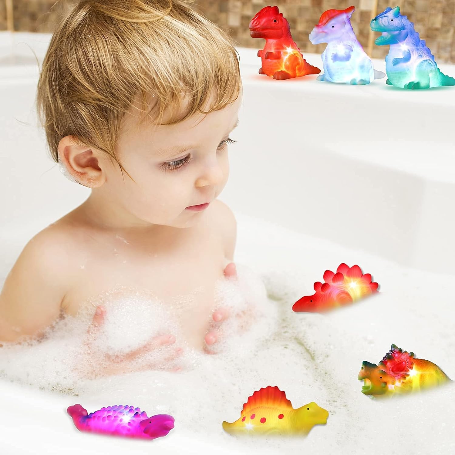 Juguetes de baño de dinosaurios Fidtoy con luces flotantes para niños pequeños (paquete de 6)