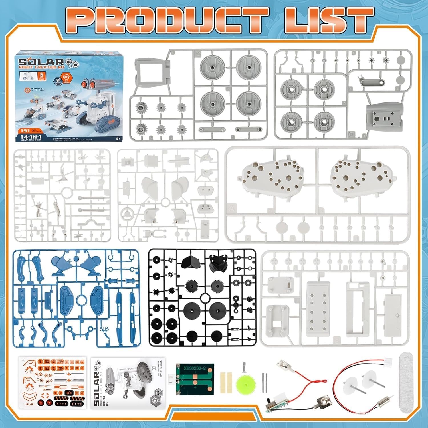 Fidtoy Solar Power Robotics Kit 14 Models in 1, 191-Piece Plastic STEM Robot Building Toy with Solar and AAA Battery Play, Engineering Learning Kit for Kids