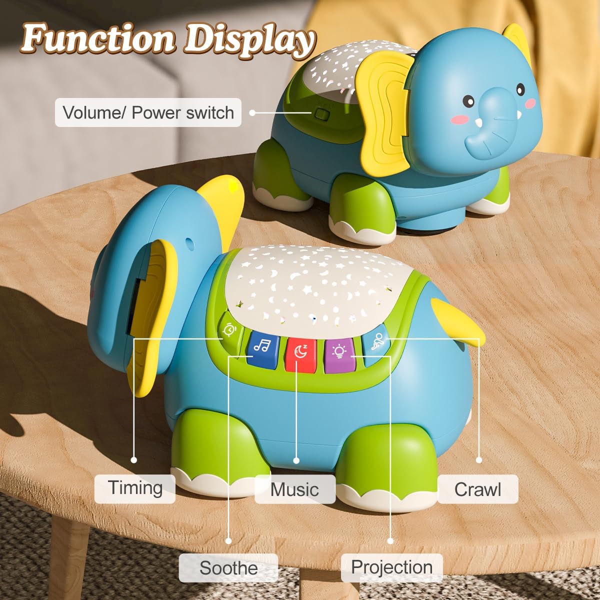Jouet musical en forme d'éléphant rampant Fidtoy pour bébé avec lumières, berceuses et projecteur d'étoiles pour les tout-petits