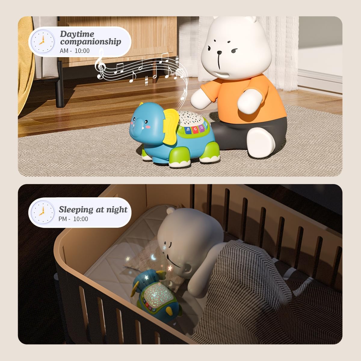 Jouet musical en forme d'éléphant rampant Fidtoy pour bébé avec lumières, berceuses et projecteur d'étoiles pour les tout-petits