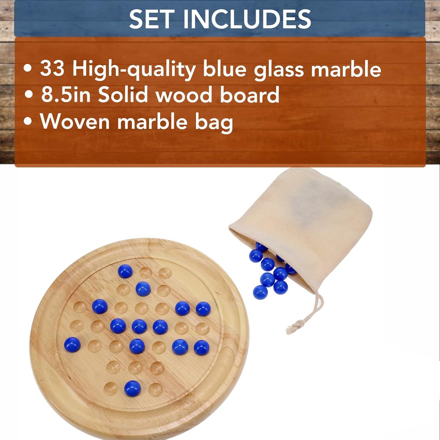 Fidtoy Solitaire Wooden Game with Marble Balls for Kids Ages 5+, Classic Wooden Strategy Board Game with 33 Blue Glass Marbles, Instructions and Coffee Table Puzzle Play