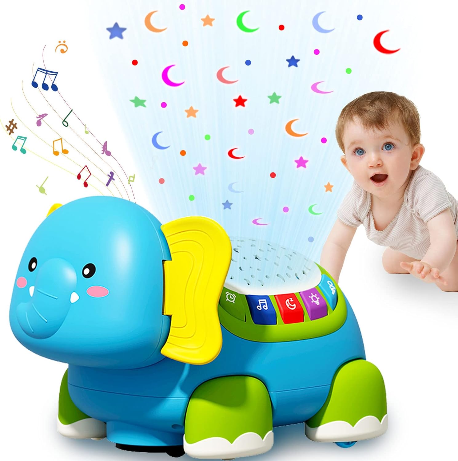Jouet musical en forme d'éléphant rampant Fidtoy pour bébé avec lumières, berceuses et projecteur d'étoiles pour les tout-petits