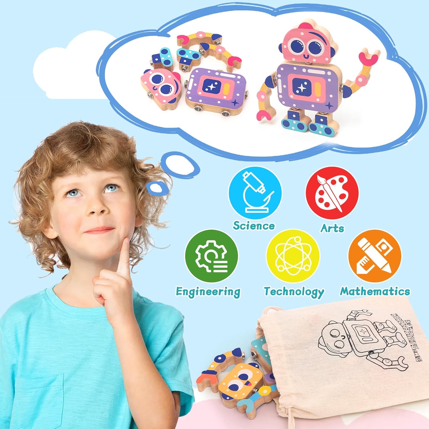 Fidtoy Wooden Robot Building Toy Snap Construction Set for Kids