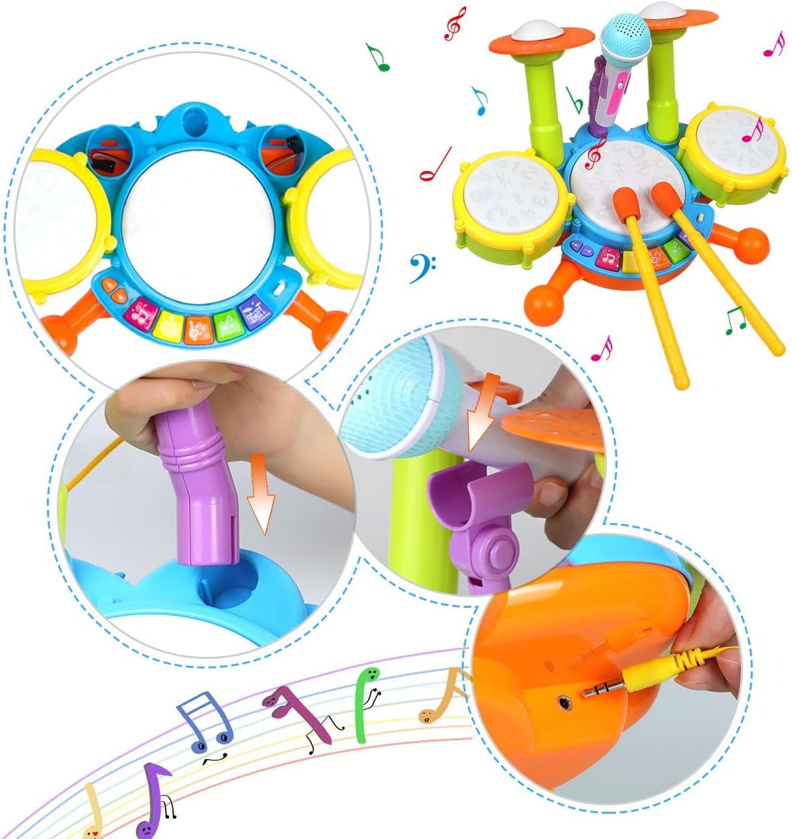 Fidtoy Batterie pour enfants avec microphone pour tout-petits – Instrument de musique avec lumières, sons et apprentissage interactif