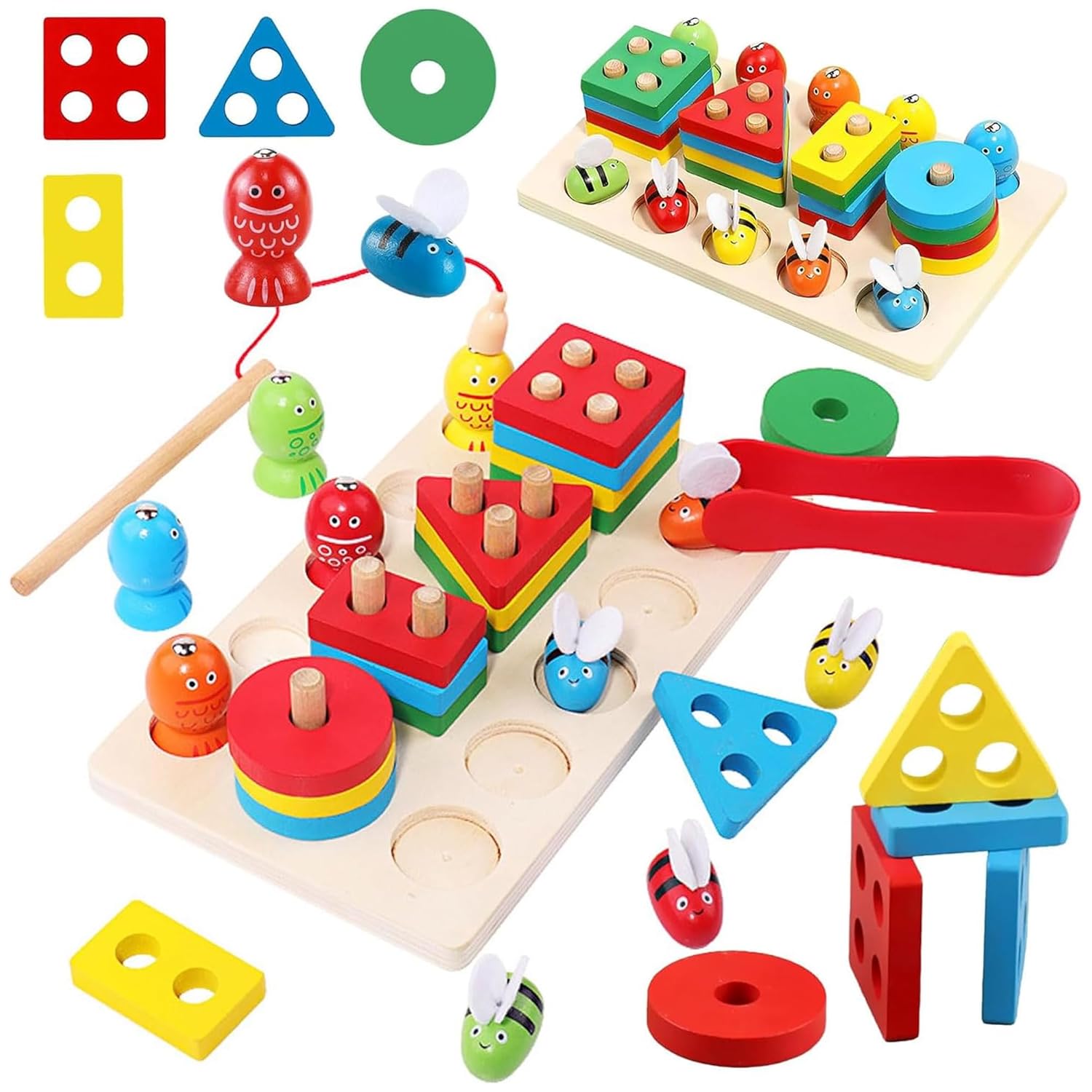Fidtoy 3 en 1 Kit d'Activités Abeilles et Pêche Magnétique Formes à Colonnes, Jouet en Bois de Tri des Formes et de Développement de la Motricité Fine pour les Enfants de 2 à 6 Ans