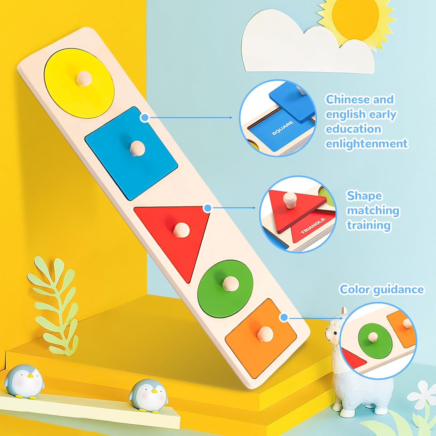 QESSUVNC Jeu de tri de formes en bois pour tout-petits, Puzzle à chevilles Montessori, Formes géométriques, 1-3 ans