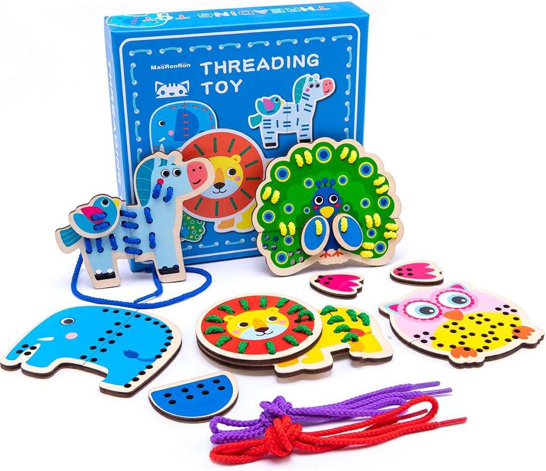 Promise Babe 5 tarjetas de animales de madera para ensartar, rompecabezas, juguetes de enhebrar Montessori, tarjetas de coser para niños pequeños, aprendizaje temprano, habilidades motoras finas, juguetes preescolares…
