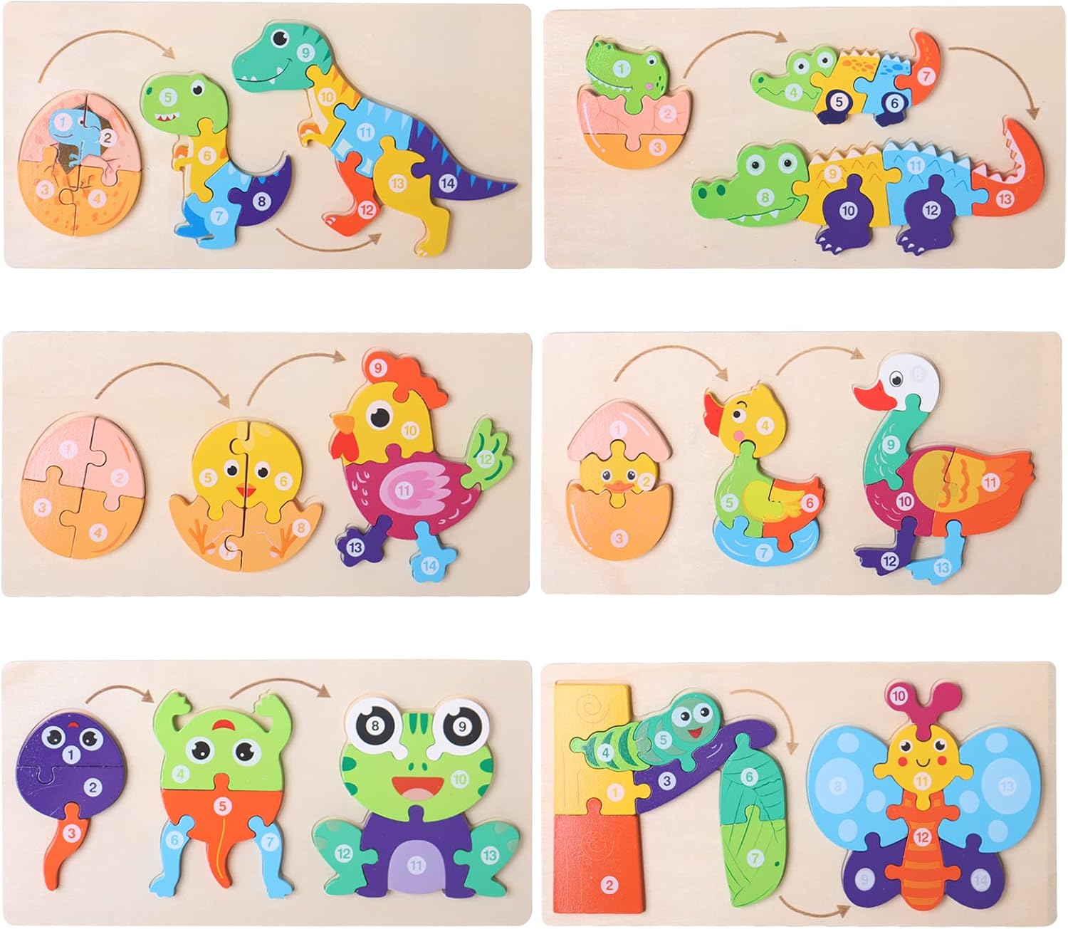 Fidtoy Puzzle 3D cognitif de croissance animale - Animaux aléatoires, Puzzle de croissance animale en bois avec pièces numérotées, Jouet d'apprentissage Montessori sur la nature pour enfants
