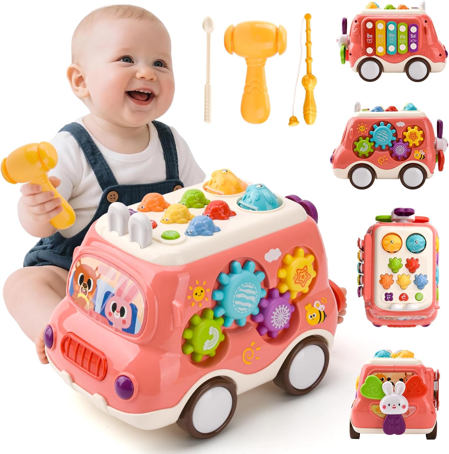 Fidtoy 6-in-1 Multiple Activity and Learners Car for Toddlers, Musical Activity Bus Toy with Xylophone, Gears, Fishing Game and Music Mode Age 18M+