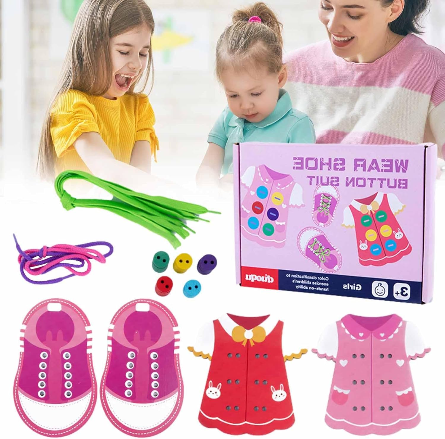 Juguetes de enhebrado de ropa - Tablero de habilidades básicas para la vida, Juguetes de enhebrado de madera, Juguete de habilidades motoras finas de madera con regalos Montessori, Regalos educativos tempranos para niños, nuevo Pingpai
