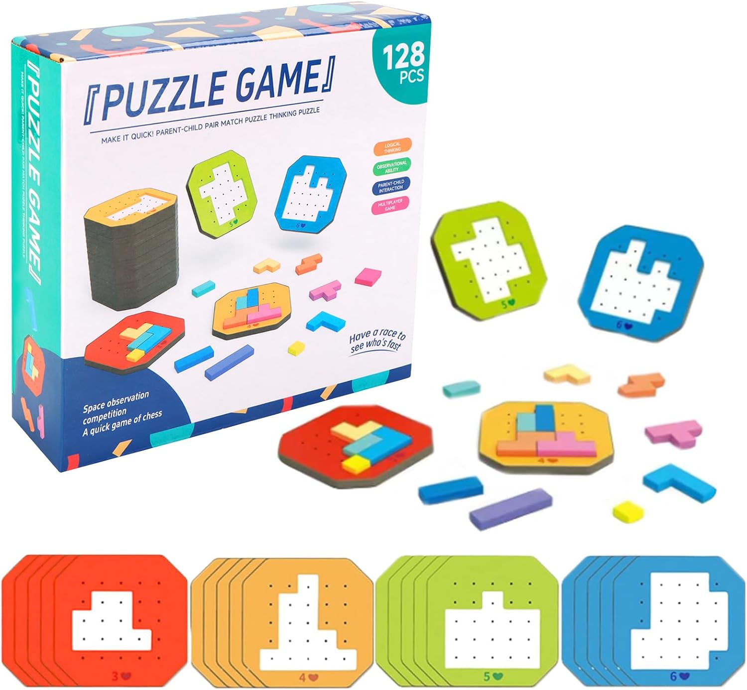 Fidtoy 3D Tangram Multiplayer Challenging Block Game, 128 Piece Colorful Puzzle Blocks, Spatial Awareness Logic Thinking Family Puzzle Toy Ages 2-6