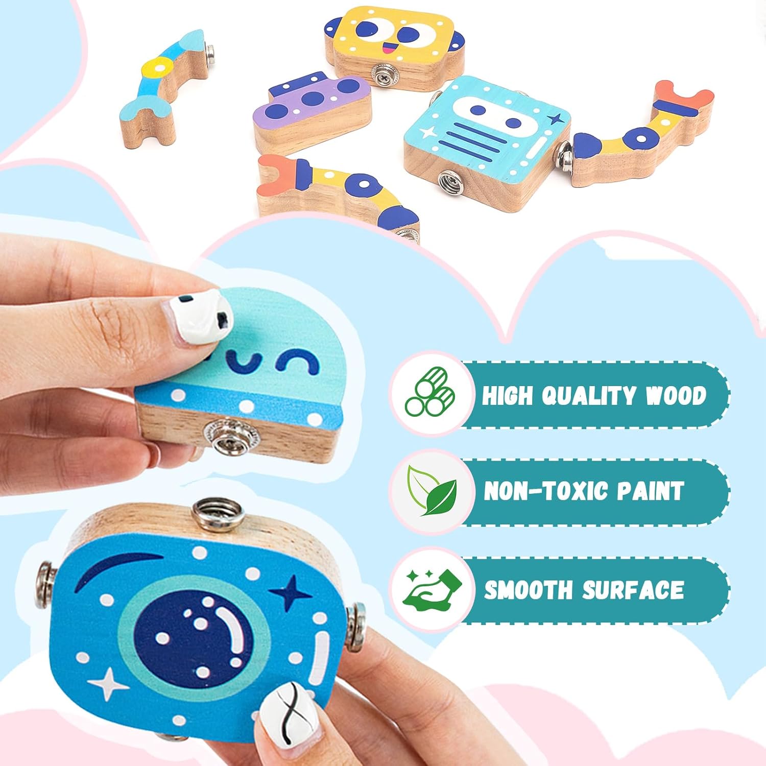 Fidtoy Wooden Robot Building Toy Snap Construction Set for Kids