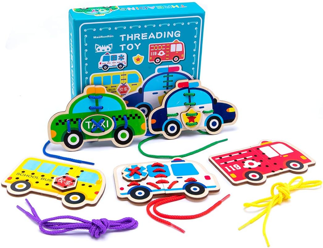 Promise Babe - Paquete de 5 tarjetas de encaje de coches de madera, puzle de bloques, juguetes de enhebrar, juguete Montessori, tarjetas de costura para niños pequeños, juguetes educativos preescolares…