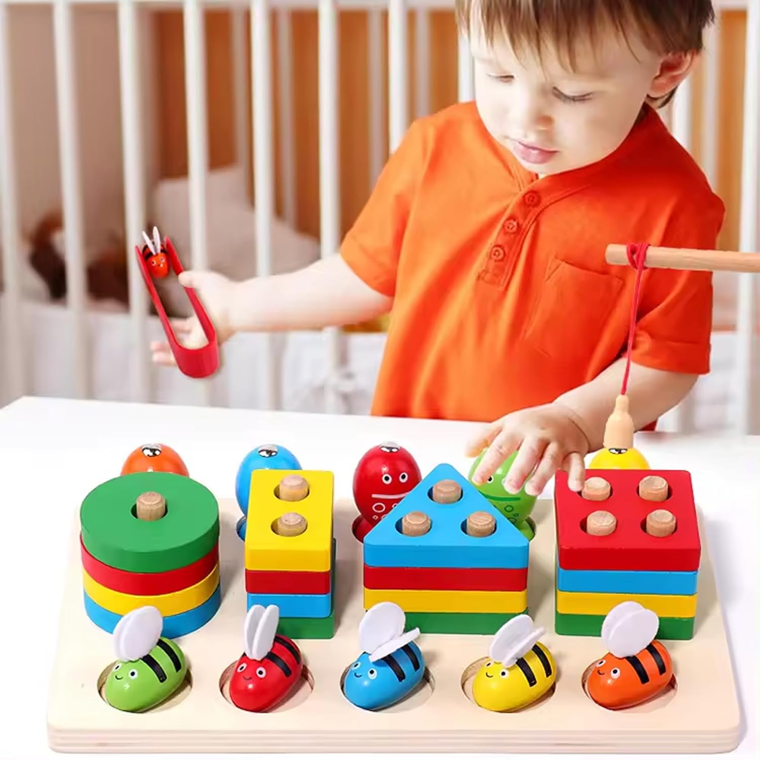Fidtoy 3 en 1 Kit d'Activités Abeilles et Pêche Magnétique Formes à Colonnes, Jouet en Bois de Tri des Formes et de Développement de la Motricité Fine pour les Enfants de 2 à 6 Ans