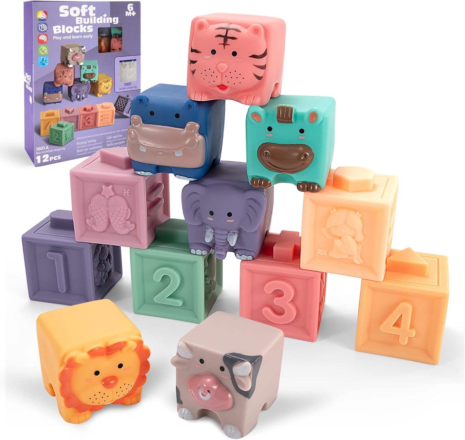 Fidtoy Baby Activity Soft Building Blocks Animal and Number Silicone Stacking Blocks for Babies Ages 0-2 with Animals, Numbers, Colors and Shapes
