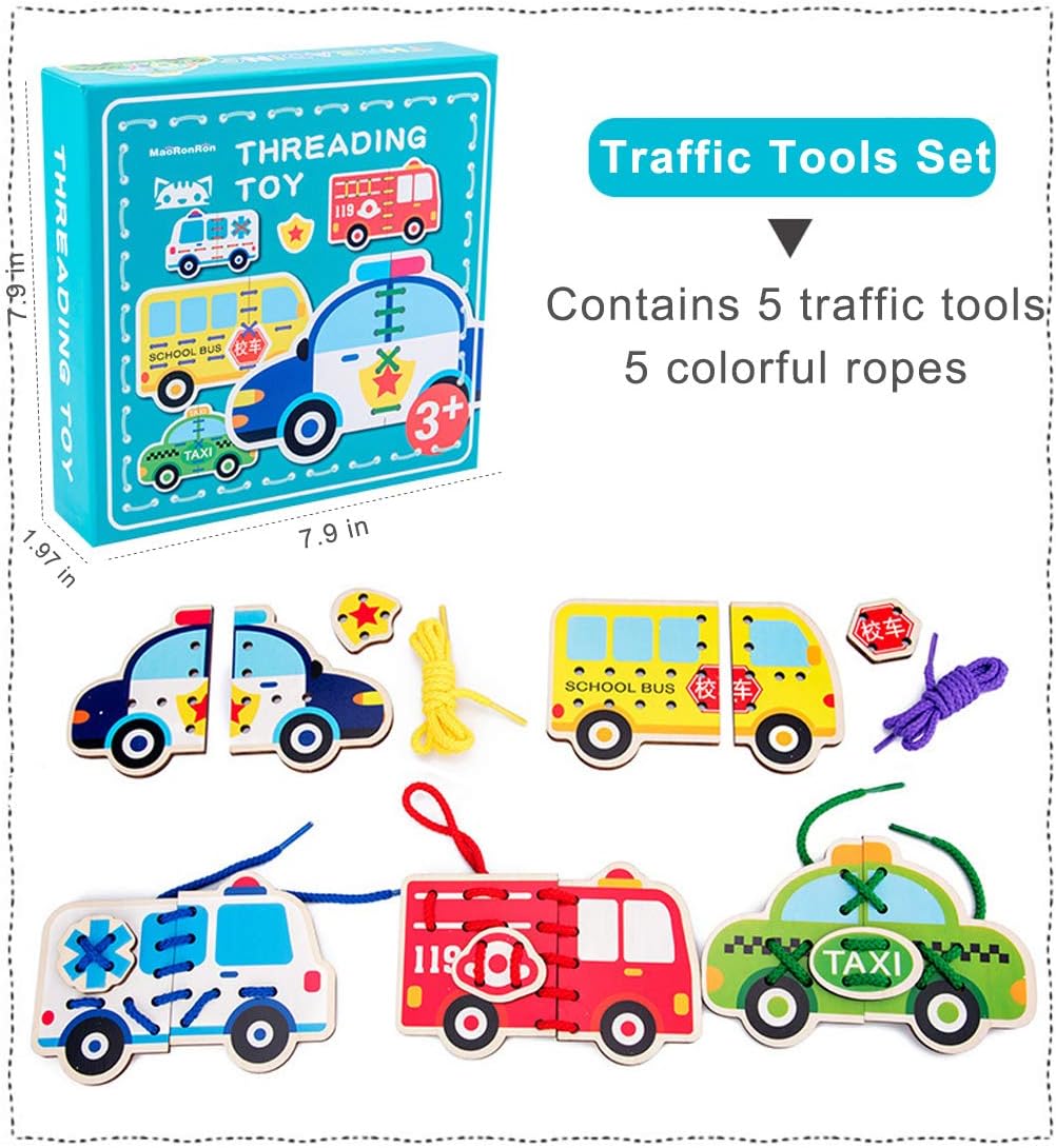 Promise Babe - Paquete de 5 tarjetas de encaje de coches de madera, puzle de bloques, juguetes de enhebrar, juguete Montessori, tarjetas de costura para niños pequeños, juguetes educativos preescolares…