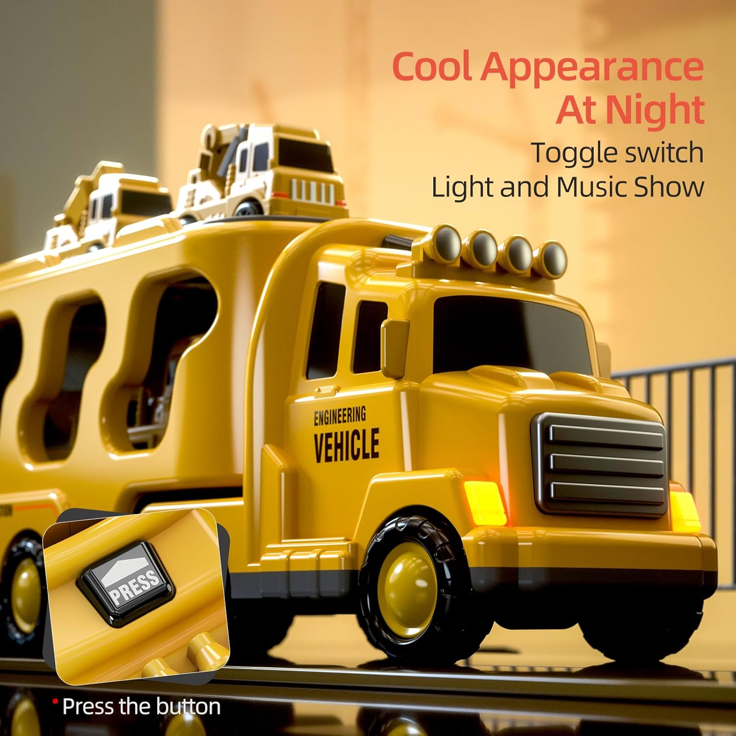Fidtoy Coffret de 5 camions de construction 5 en 1 pour tout-petits avec lumières et sons, excavatrice, bulldozer, grue