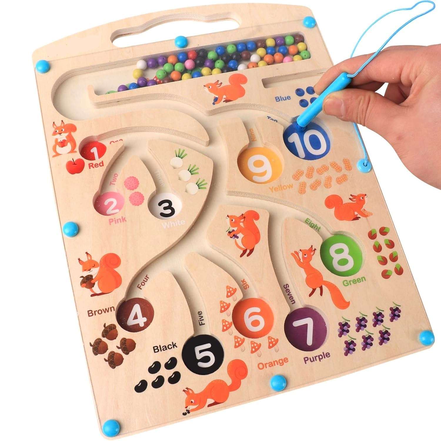 Fidtoy Tableau labyrinthe magnétique en bois avec chiffres et couleurs, jouet de tri de perles écureuil Montessori pour enfants de 2 à 6 ans