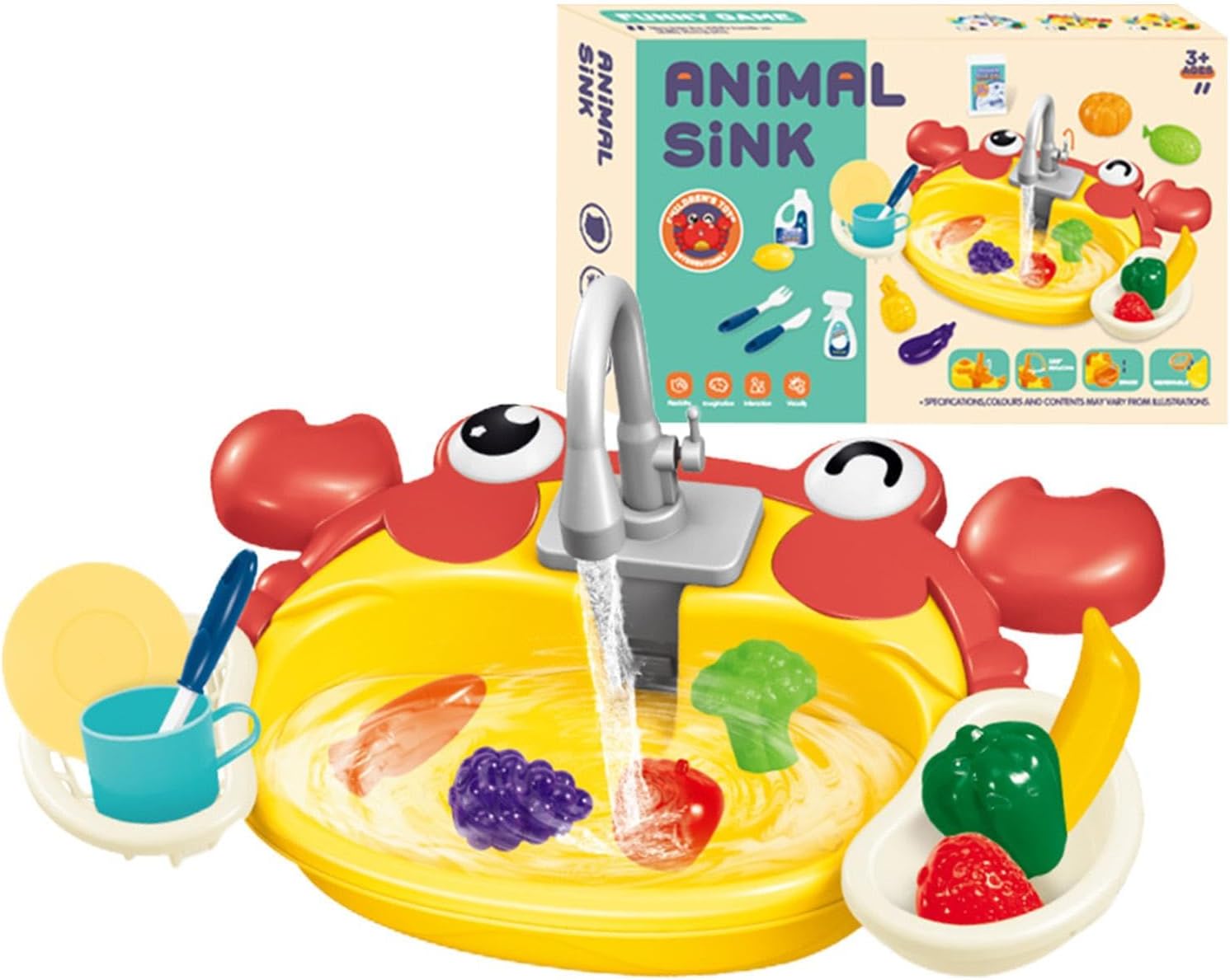 Fidtoy Jouet Évier de Cuisine Animal Mignon pour Enfants de 3 à 8 Ans avec Robinet à Eau Courante, Jeu de Rôle de Cuisine Interactif avec Fruits, Légumes et Panier de Vidange