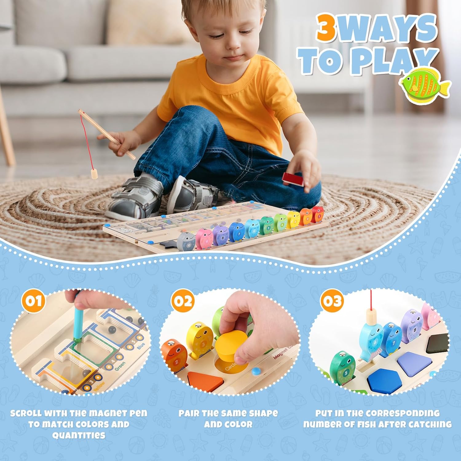 Fidtoy 3 en 1, juguete de laberinto magnético Montessori para niños pequeños, clasificación de colores, combinación de formas, juego de pesca, tablero de aprendizaje, motricidad fina, juguete educativo de viaje