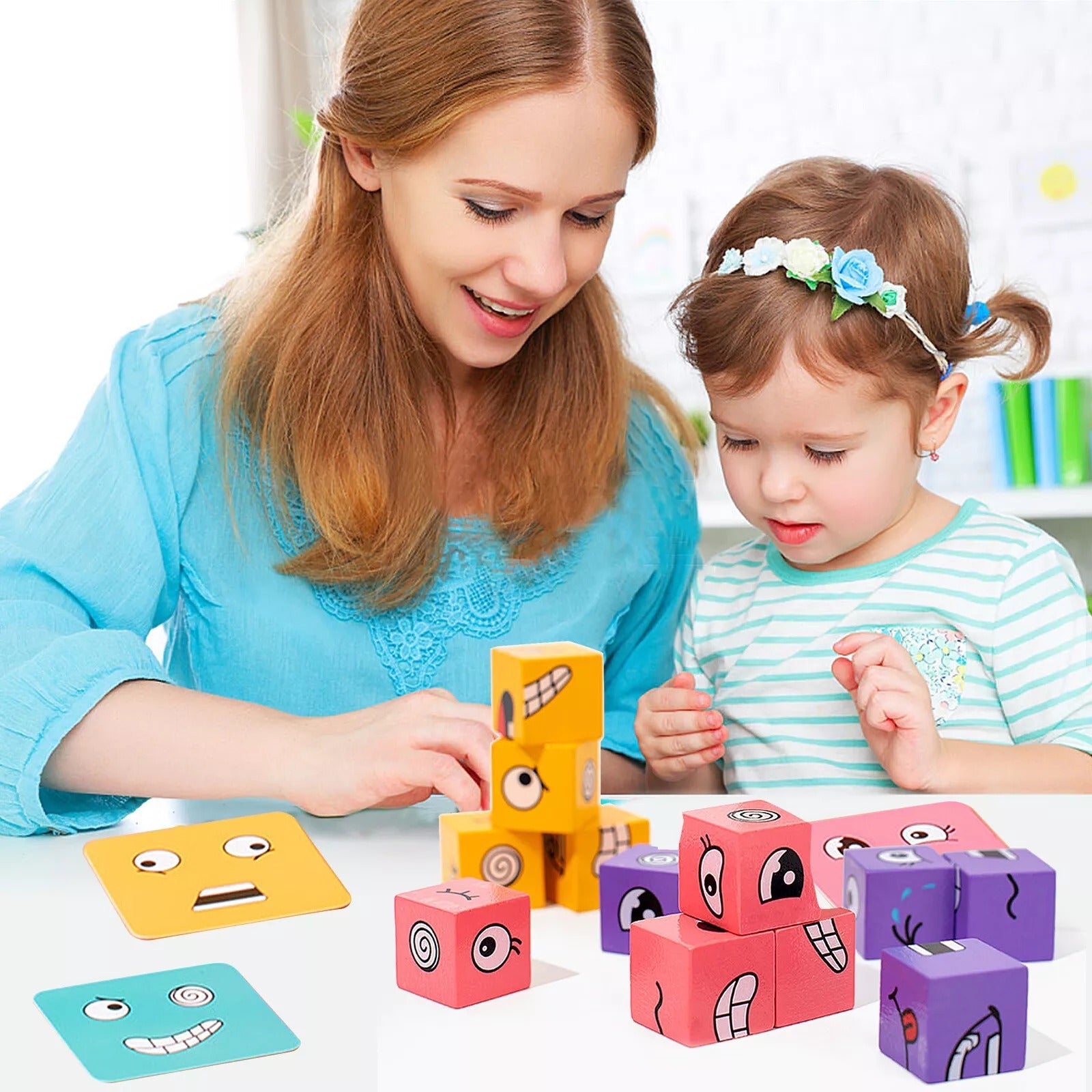 Fidtoy Wooden Face Changing Magic Cube Puzzle with Buzzer for Kids | Expression Matching Game, Montessori Brain Teaser, Pattern Cards & Fine Motor Tabletop Toy Age 3-8