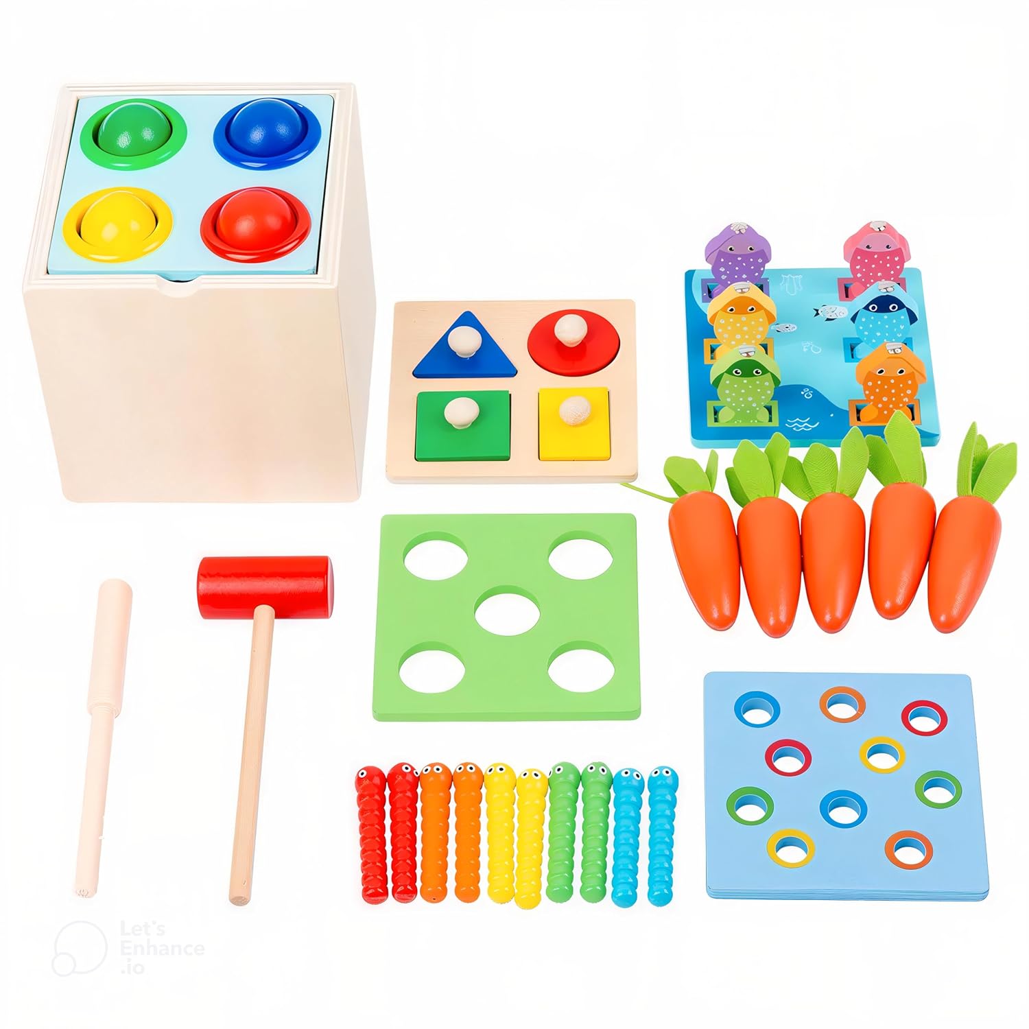 Fidtoy 5-in-1 Hammering Toy – Wooden Montessori Activity Set for Toddlers, Shape Sorting, Magnetic Fishing, Fine Motor Skills