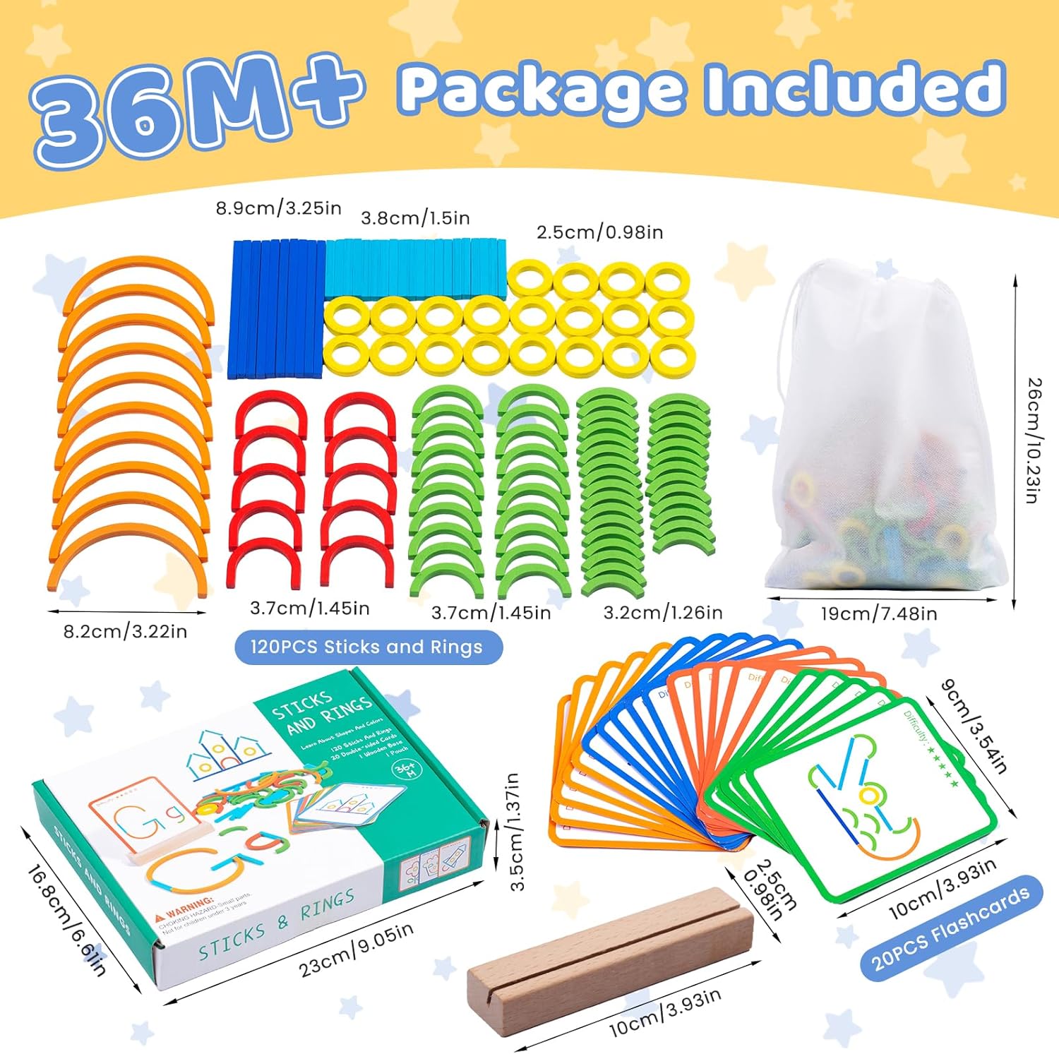 Fidtoy Wooden Sticks and Rings Pattern Matching Puzzle Cards Montessori Fine Motor Memory Toy for Kids Ages 3 to 8