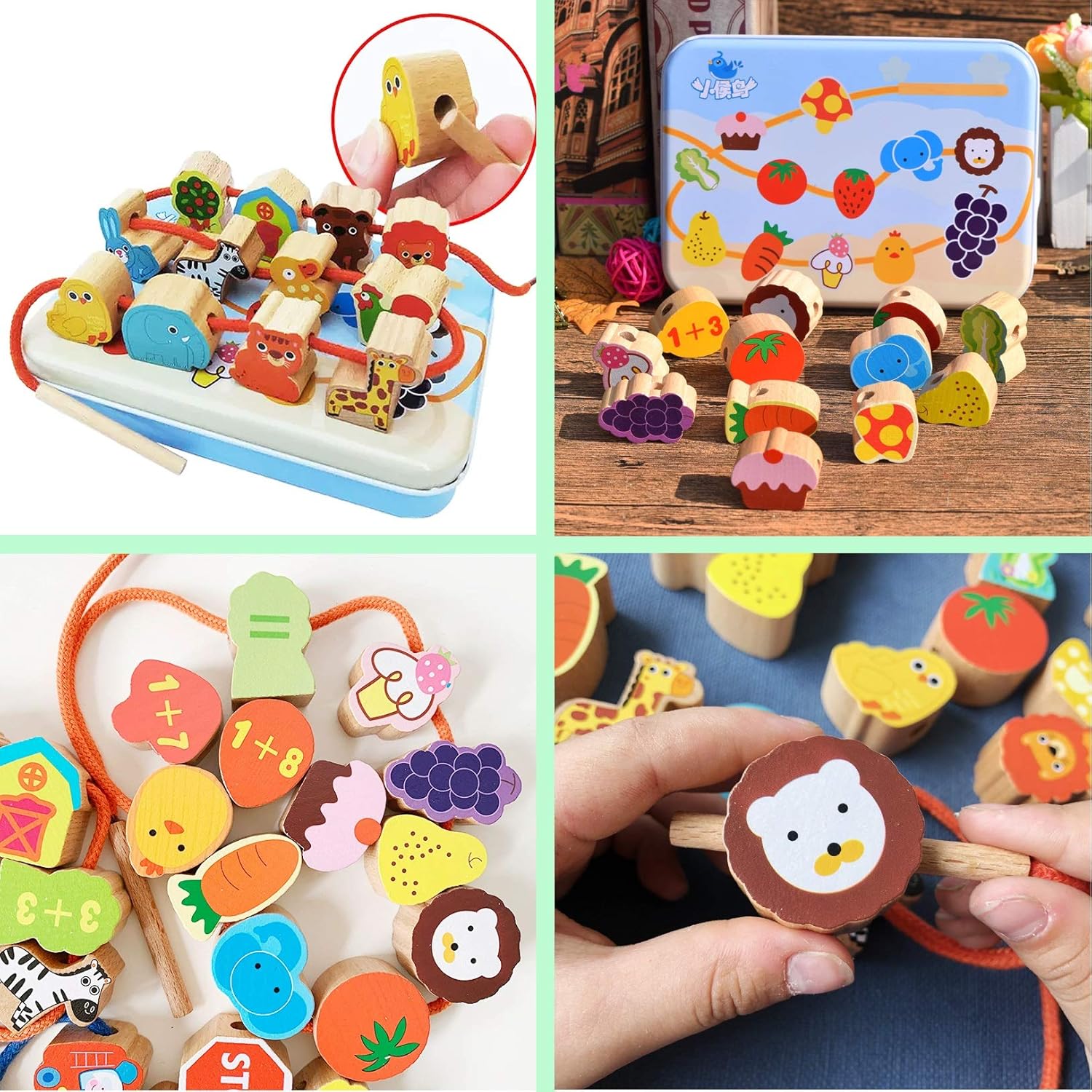 CenYouful Juguete de ensartar, juego de bloques de madera, juguetes educativos tempranos, juegos de cuentas de ensartar y atar para niños pequeños, juego de juguetes de aprendizaje de animales terrestres (12 piezas) (verduras y frutas)