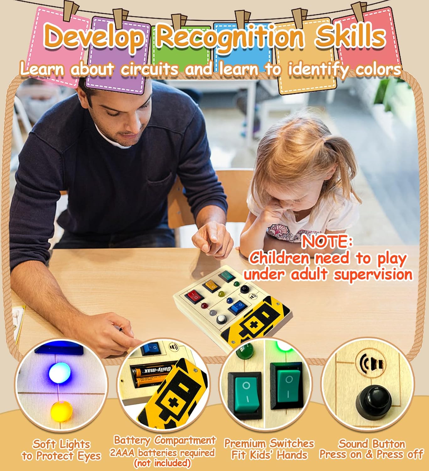TEUVO Interruptor de luz LED Busy Board para niños pequeños con sonido, juguetes sensoriales de madera Montessori para viajes con botón, regalos para mantener ocupados a niños y niñas de 3 años en adelante
