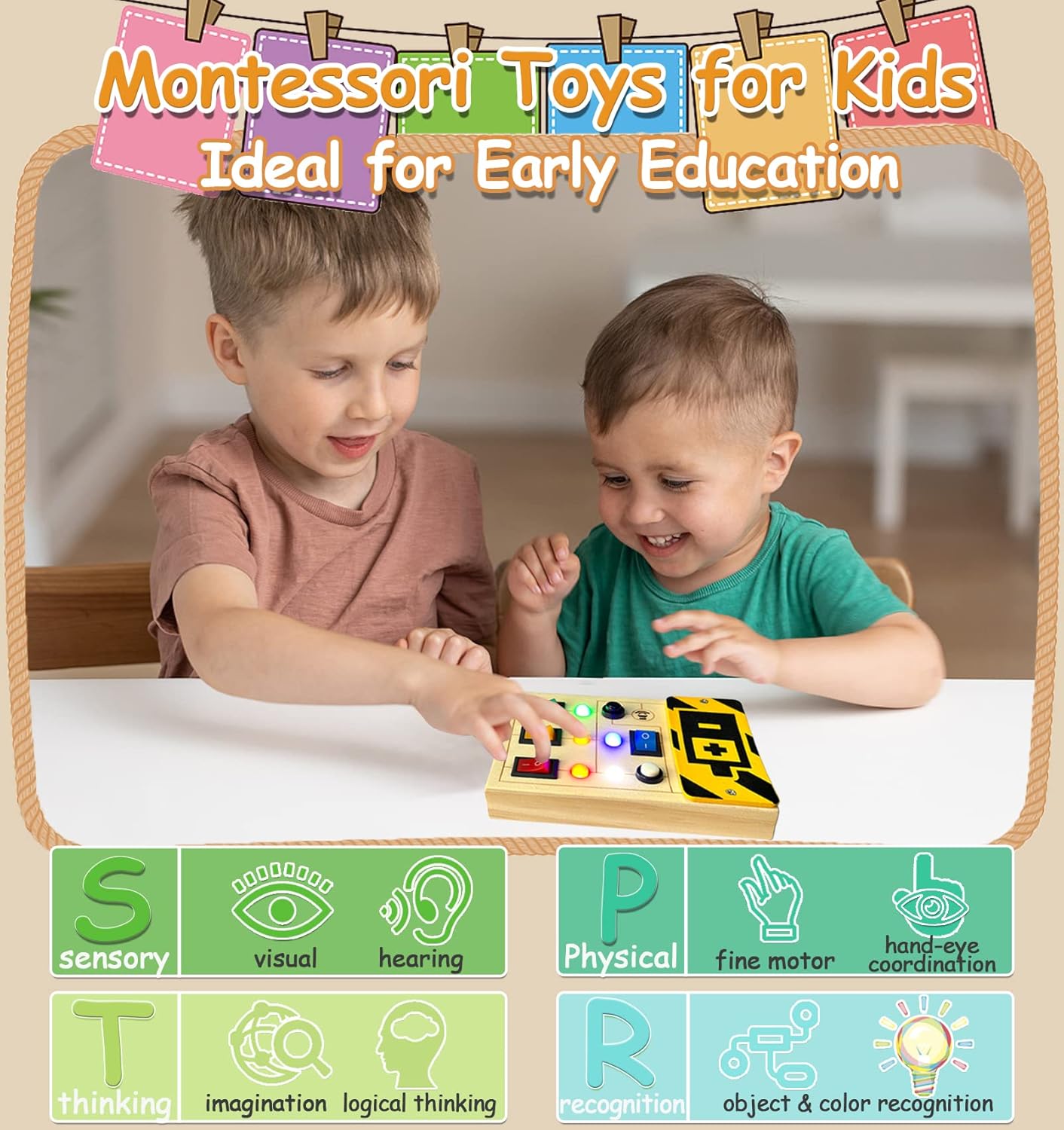 TEUVO Interruptor de luz LED Busy Board para niños pequeños con sonido, juguetes sensoriales de madera Montessori para viajes con botón, regalos para mantener ocupados a niños y niñas de 3 años en adelante