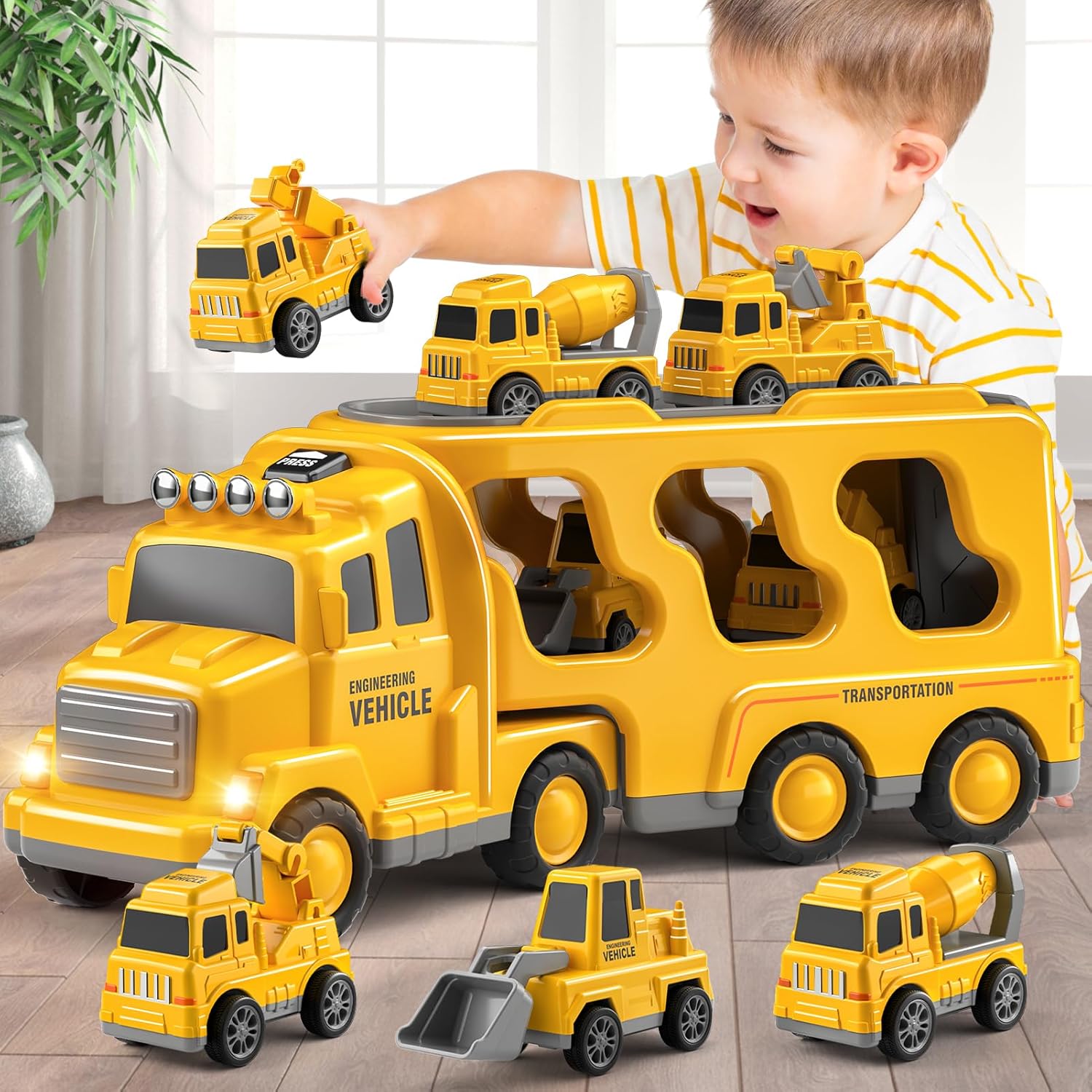 Fidtoy Coffret de 5 camions de construction 5 en 1 pour tout-petits avec lumières et sons, excavatrice, bulldozer, grue