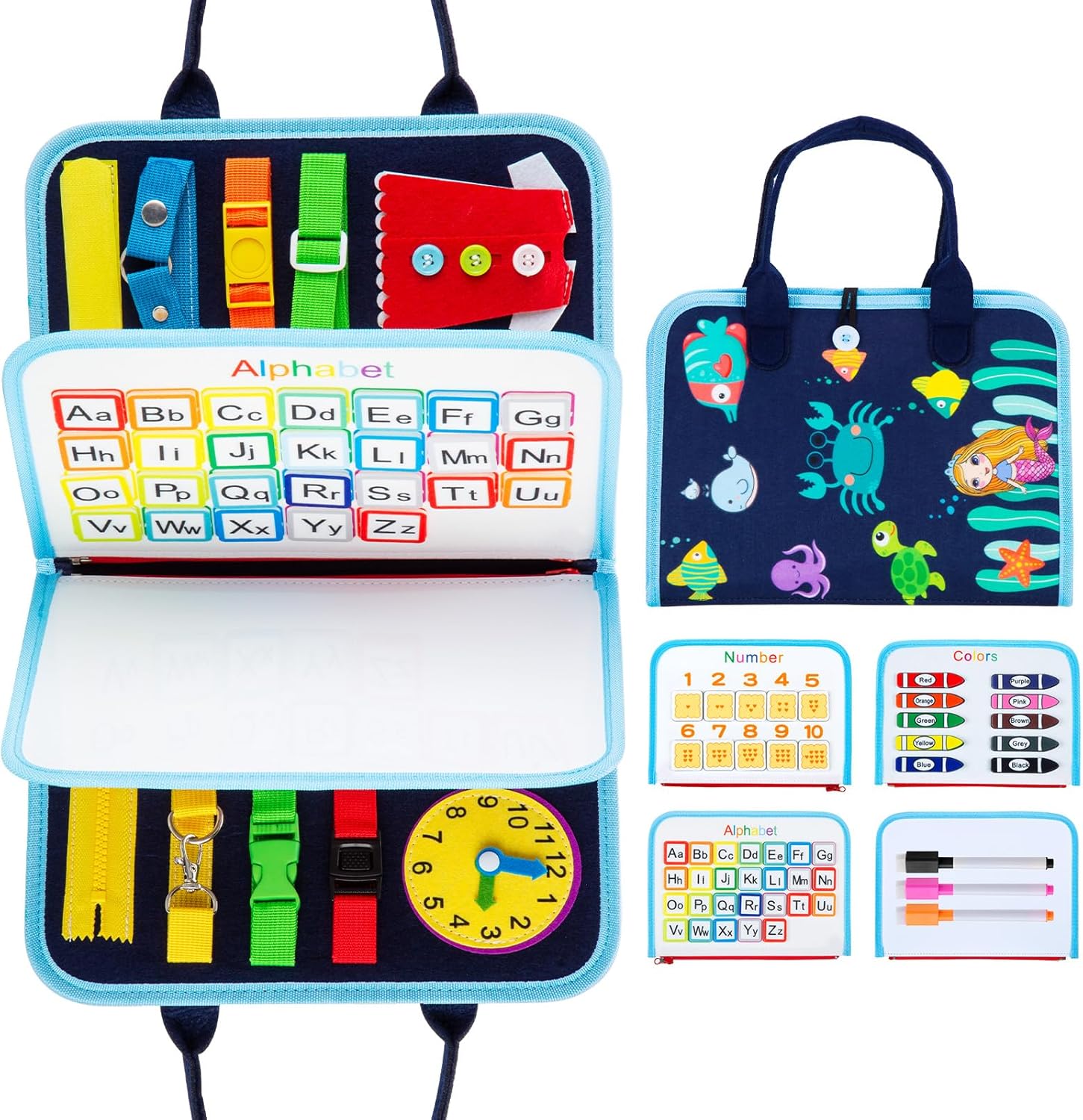 MAMPO Busy Board Juguetes Montessori para Niños de 1 2 3 4 Años, Juguete de Viaje para Niños Pequeños para Aprender Habilidades Básicas con Alfabeto y Juegos de Emparejamiento, Busy Board Portátil Temática de Animales 16 en 1