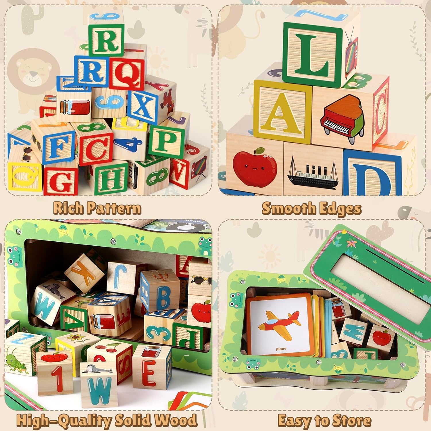 Fidtoy Wooden Word Building Block Box with Cards , Wooden Alphabet Blocks and Picture Cards Set with 27 Blocks, 20 Double-Sided Cards and Storage Box Ages 3+
