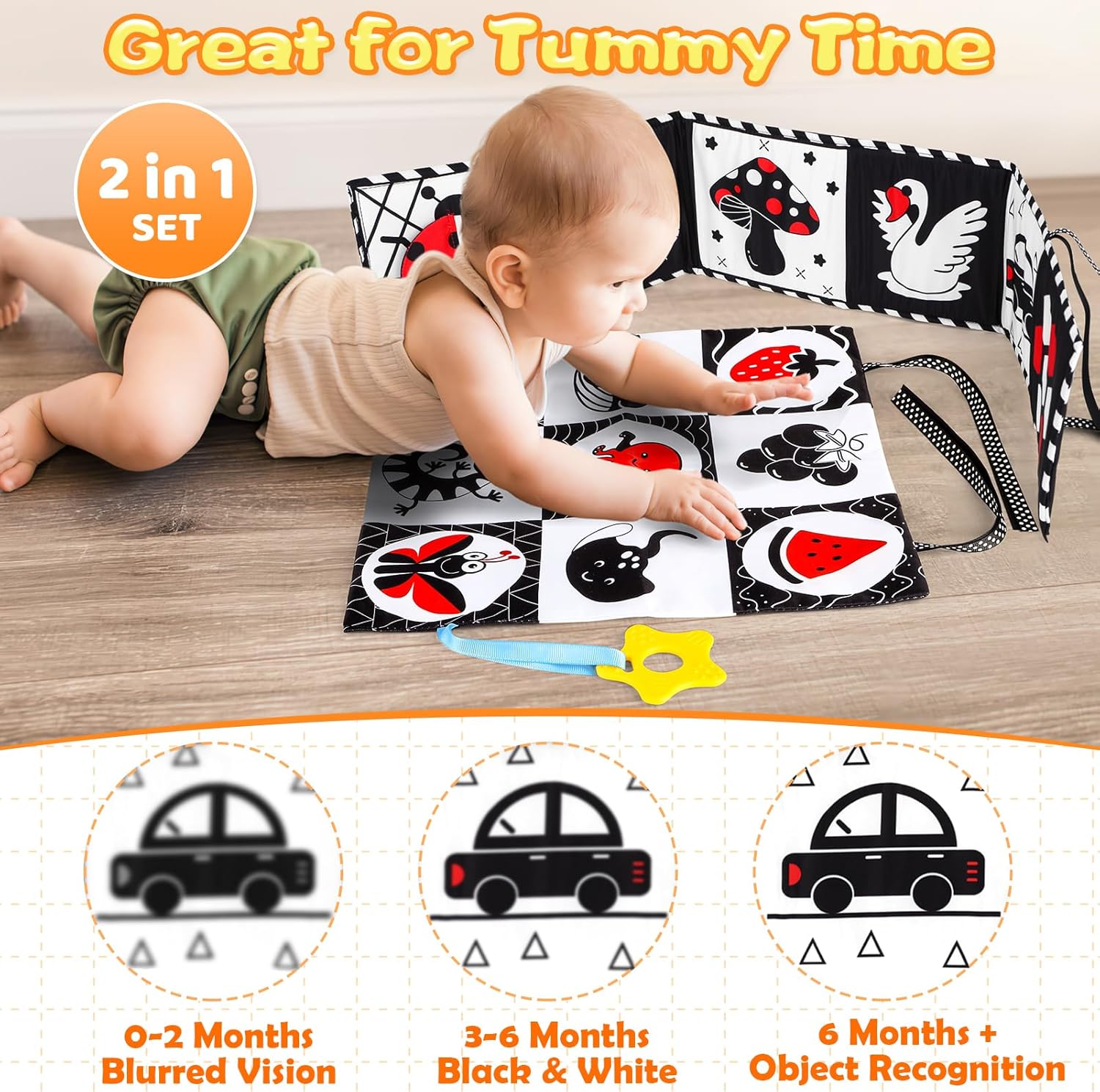 Fidtoy High Contrast Baby Cloth Book for Newborns – Montessori Black and White Sensory Tummy Time Toy Set for 0-6 Months