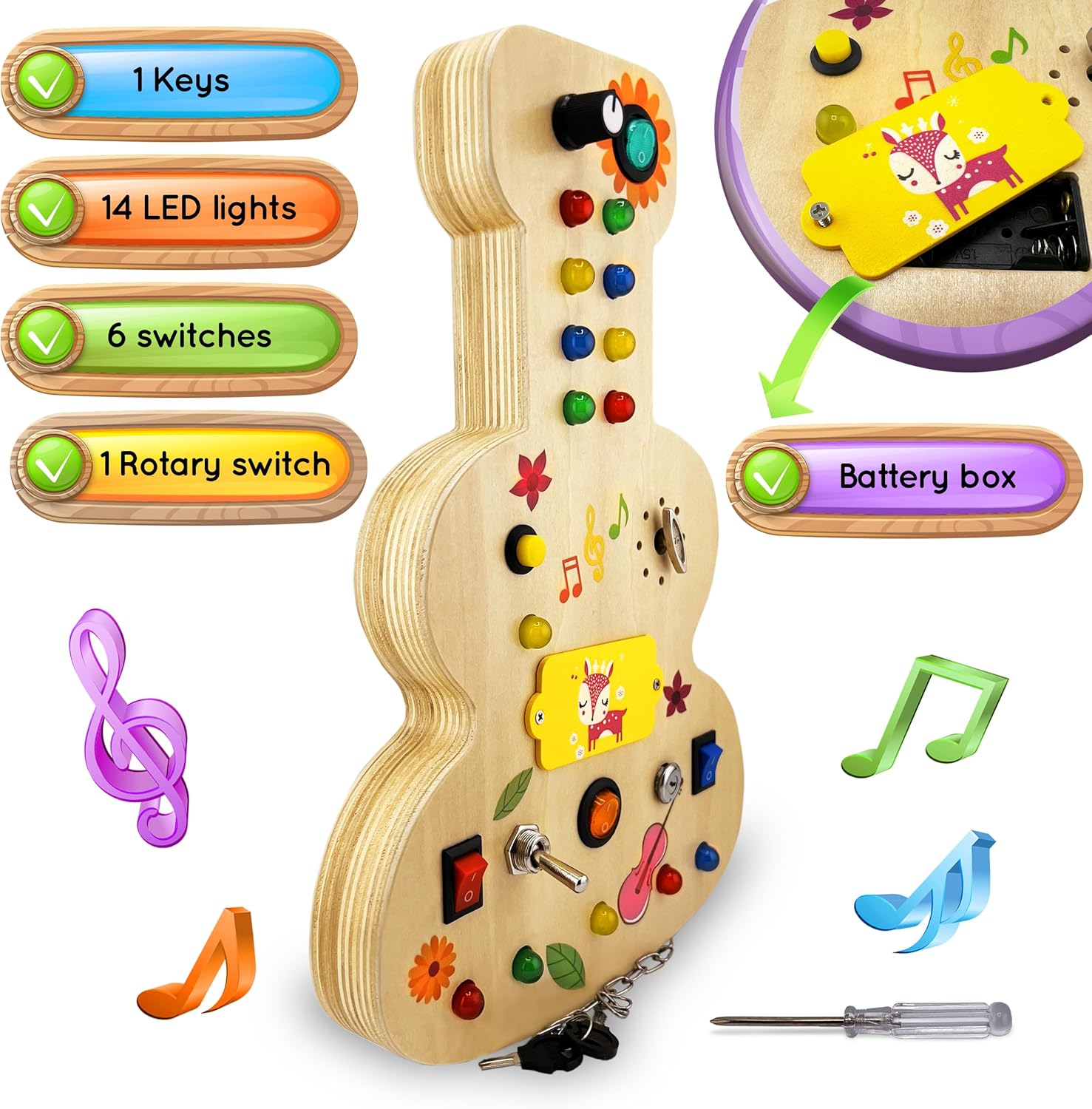 Tabla de Actividades Montessori de Madera Musical para Niños Pequeños de 3 a 5 Años con Girador Mecánico, Bombillas de Colores, Interruptores, Botones - Mejora las Habilidades Sensoriales, Motoras y el Pensamiento Lógico