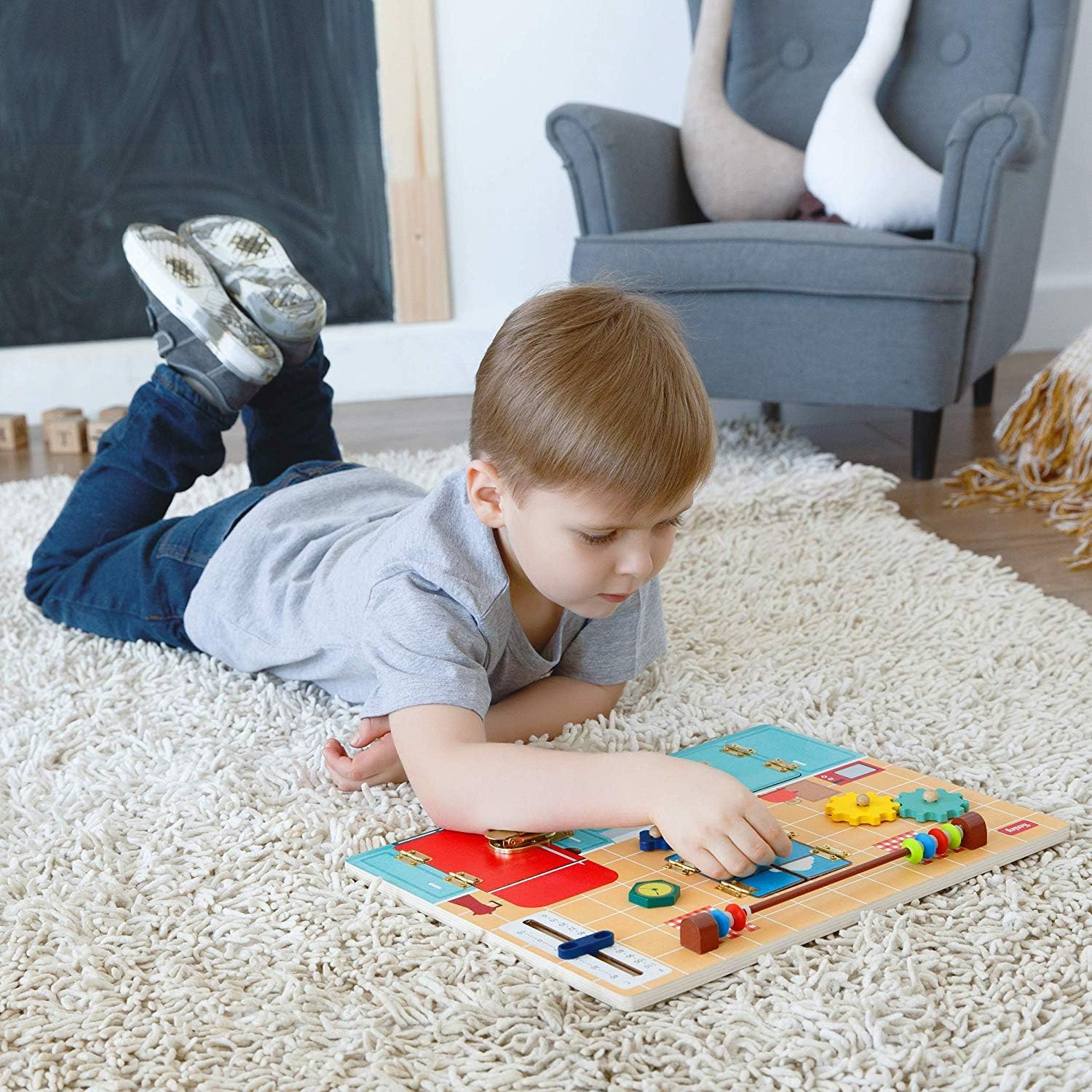 Fidtoy Tablero de Actividades de Madera Montessori para Niños Pequeños con Cerraduras, Pestillos, Engranajes, Juguete Educativo, Habilidades Motoras Finas, Juguete Sensorial de Viaje, Regalo Silencioso