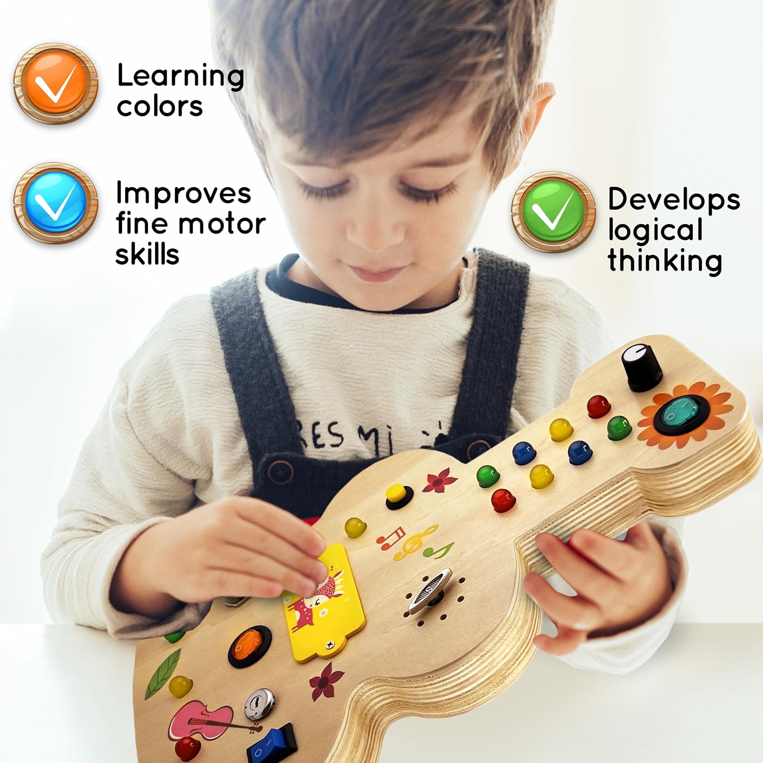 Tabla de Actividades Montessori de Madera Musical para Niños Pequeños de 3 a 5 Años con Girador Mecánico, Bombillas de Colores, Interruptores, Botones - Mejora las Habilidades Sensoriales, Motoras y el Pensamiento Lógico