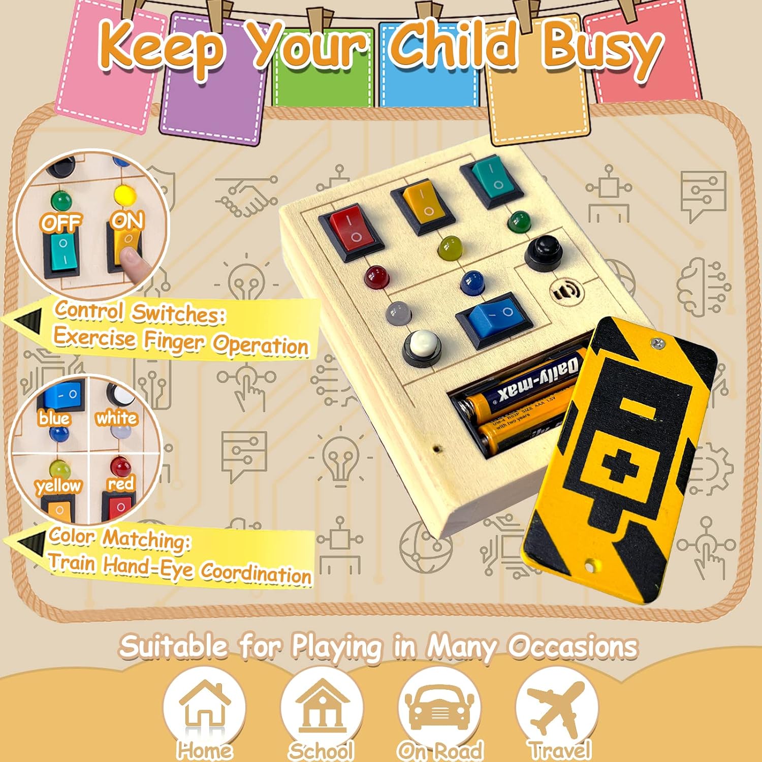 TEUVO Interruptor de luz LED Busy Board para niños pequeños con sonido, juguetes sensoriales de madera Montessori para viajes con botón, regalos para mantener ocupados a niños y niñas de 3 años en adelante