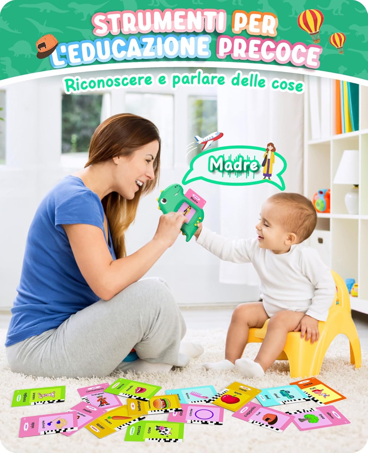 Fidtoy Talking Flash Cards for Toddlers – 224 Words, 112 Double-Sided Dinosaur Learning Cards, Voice Reader, Vocabulary Toy, and Speech Learning Gift