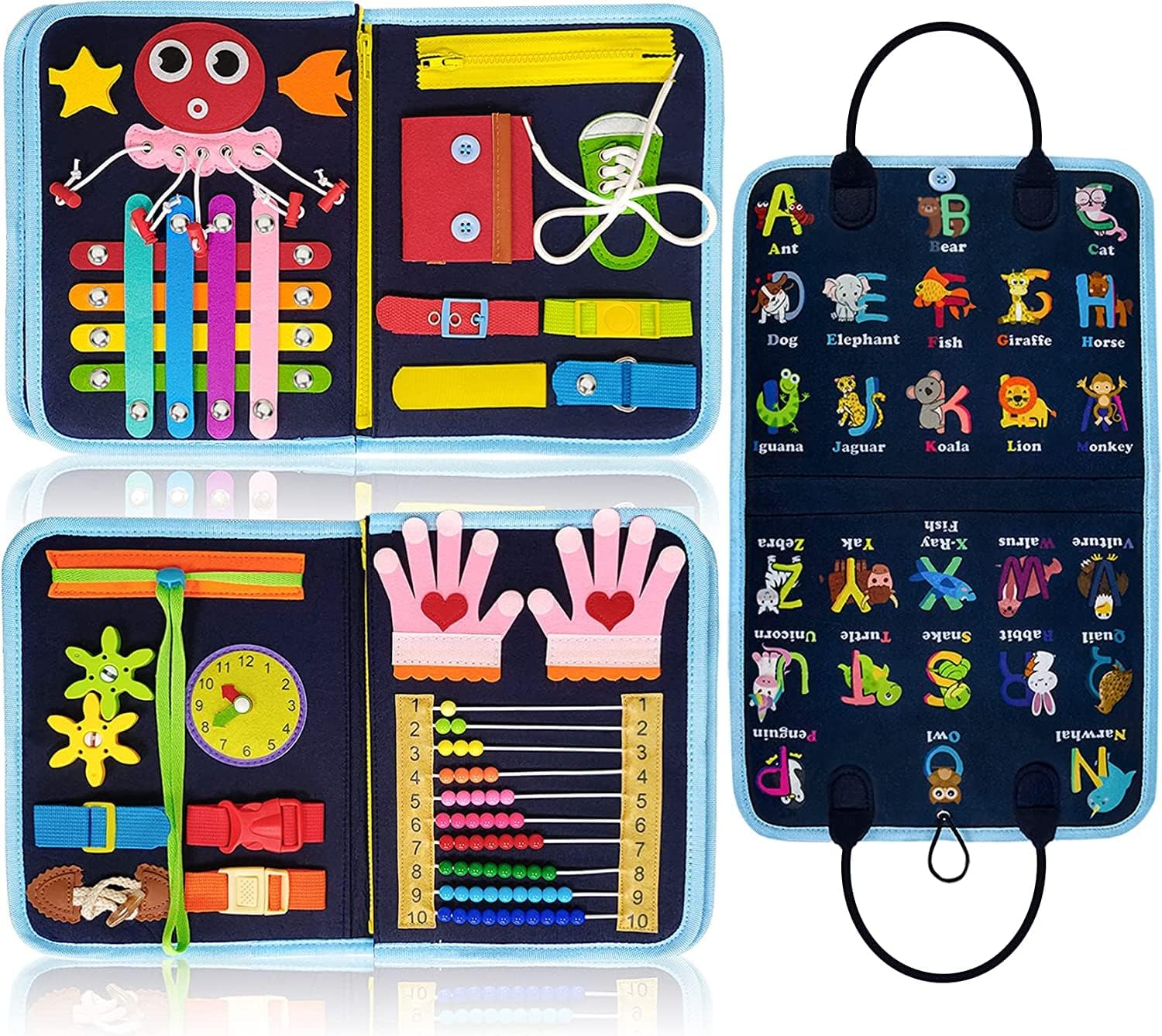 Gojmzo Busy Board Juguetes Montessori para niños y niñas, regalos, juguetes sensoriales para niños pequeños, actividades educativas de viaje preescolares, aprender el alfabeto, contar, habilidades motoras finas