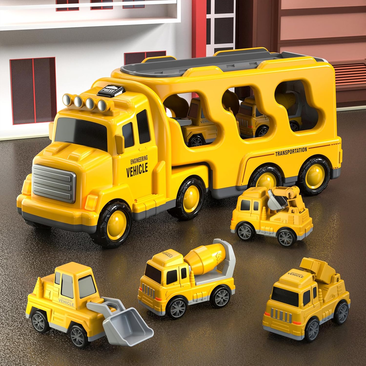 Fidtoy Coffret de 5 camions de construction 5 en 1 pour tout-petits avec lumières et sons, excavatrice, bulldozer, grue