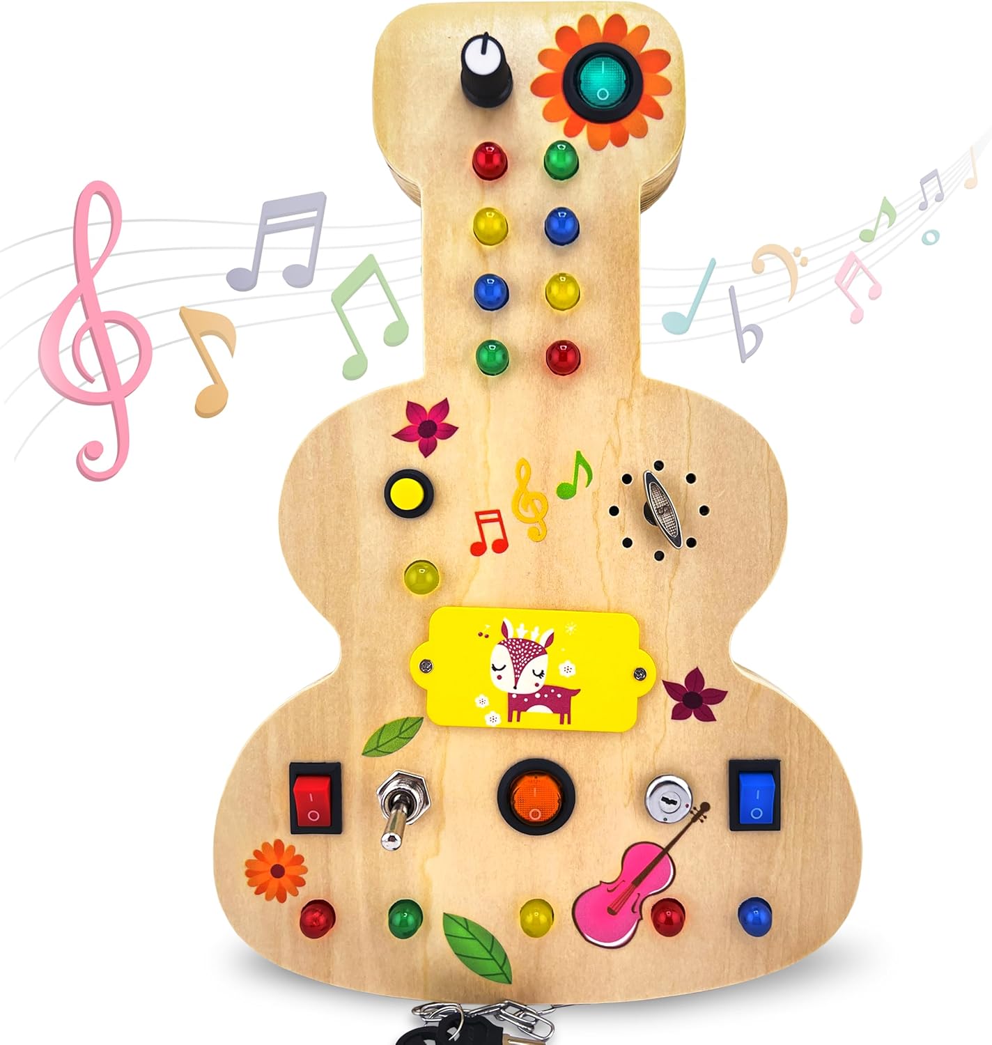 Tabla de Actividades Montessori de Madera Musical para Niños Pequeños de 3 a 5 Años con Girador Mecánico, Bombillas de Colores, Interruptores, Botones - Mejora las Habilidades Sensoriales, Motoras y el Pensamiento Lógico