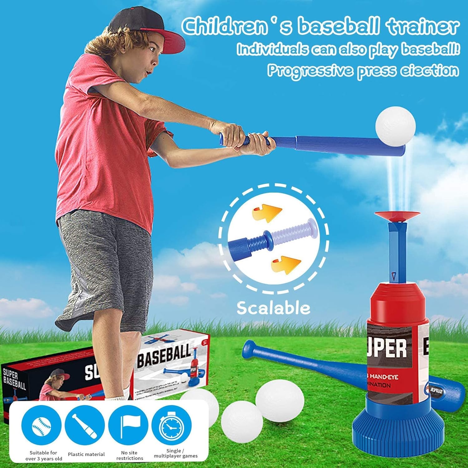 Fidtoy Baseball Sports Play Set For Kids Beginner T Ball Batting Toy Set with Launcher, Bat and Soft Baseballs for Outdoor Practice