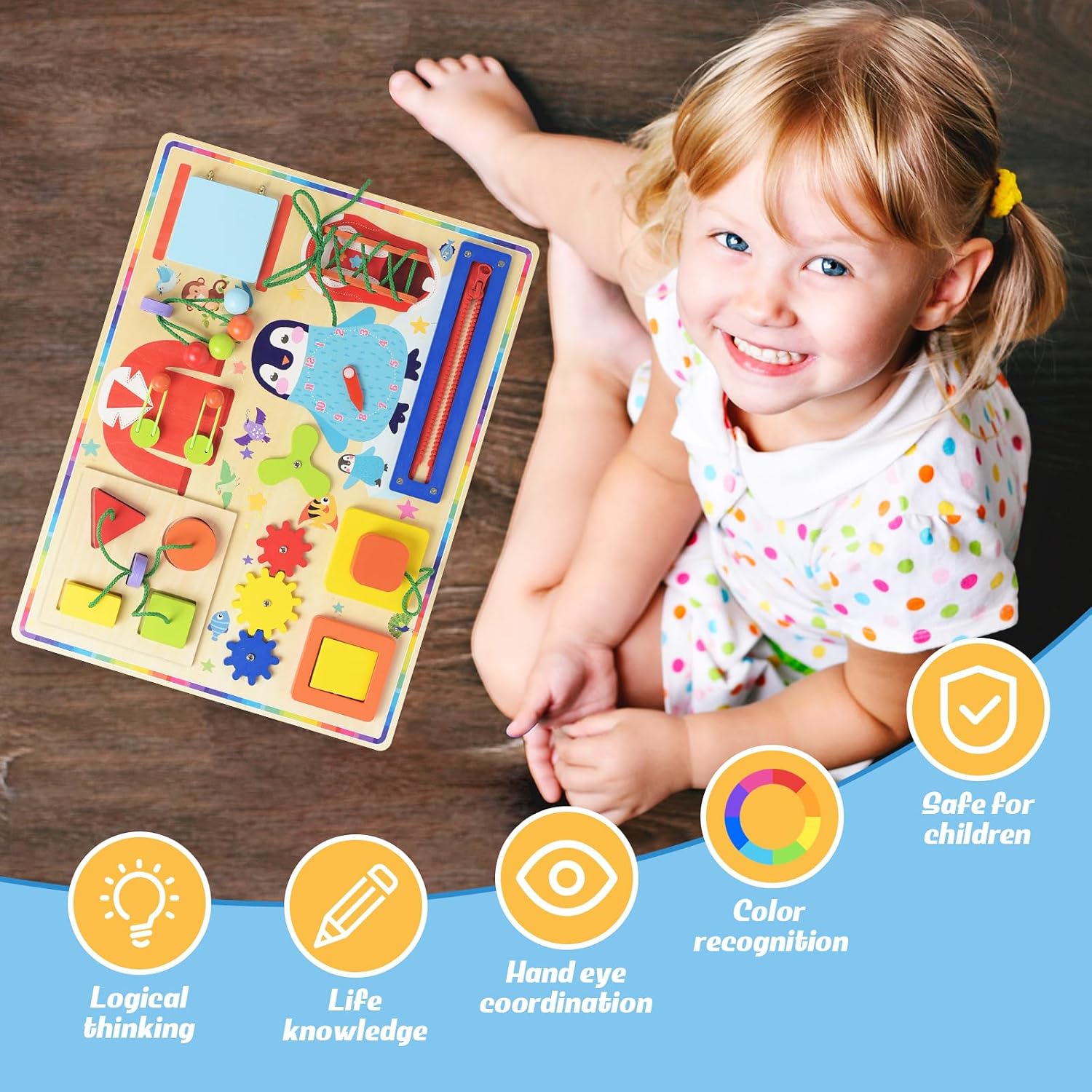 Fidtoy Planche d'activités sensorielle en bois 10 en 1 pour tout-petits, planche d'activités Montessori pratique en bois avec xylophone, labyrinthe, trieur de formes, fermeture éclair, horloge, engrenages et interrupteurs Âges 2-4