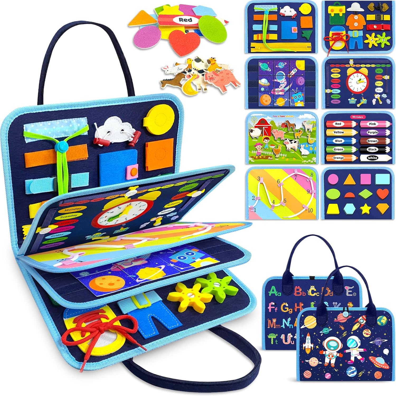 Gojmzo Busy Board Juguetes Montessori para niños y niñas, regalos, juguetes sensoriales para niños pequeños, actividades educativas de viaje preescolares, aprender el alfabeto, contar, habilidades motoras finas