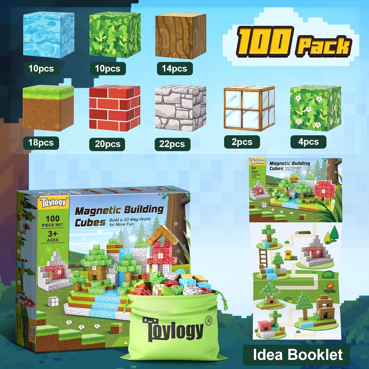 Fidtoy 100 Piece Forest Magnetic Blocks for Kids 3+ STEM Building Toy Set, Dinosaur Theme Magnetic Cube Construction Blocks for Toddlers, Preschool Pretend Play, Creative Castle and Garage Building Toy