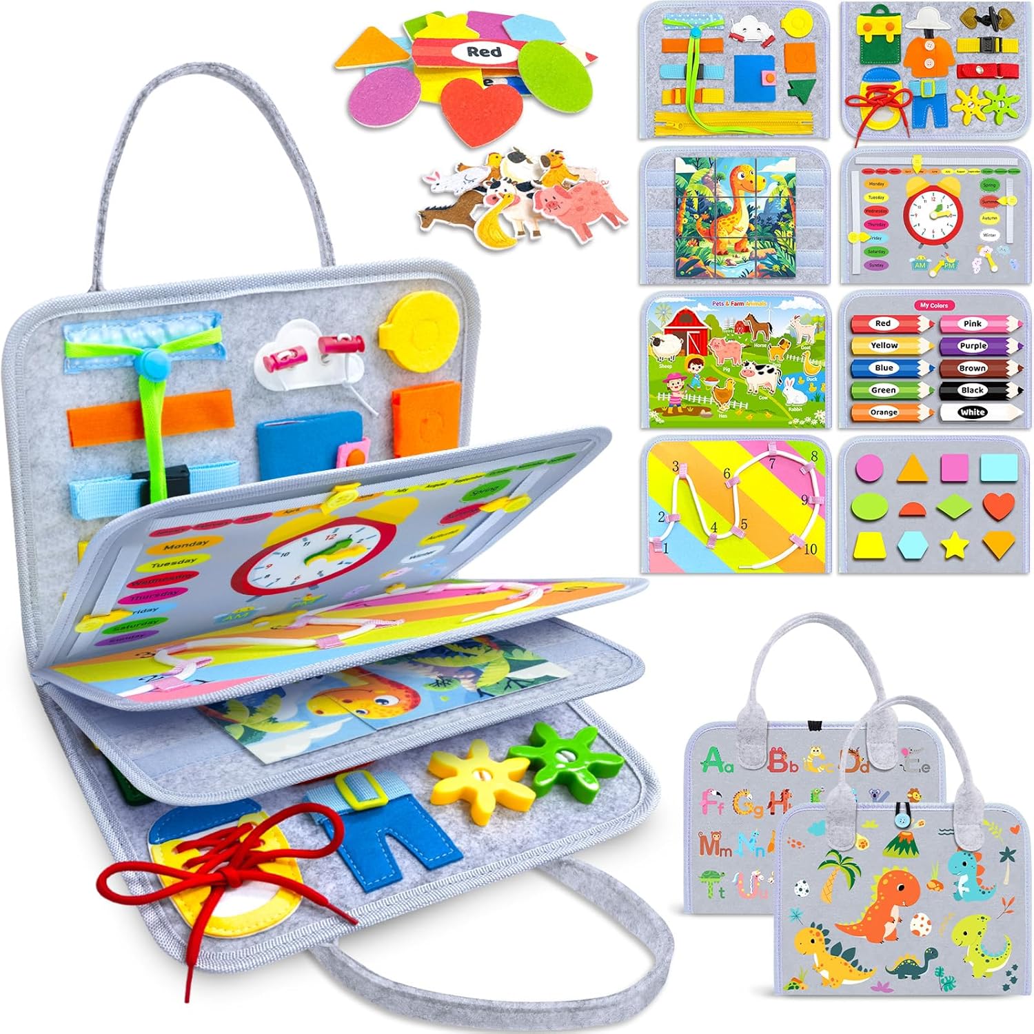 Gojmzo Busy Board Juguetes Montessori para niños y niñas, regalos, juguetes sensoriales para niños pequeños, actividades educativas de viaje preescolares, aprender el alfabeto, contar, habilidades motoras finas