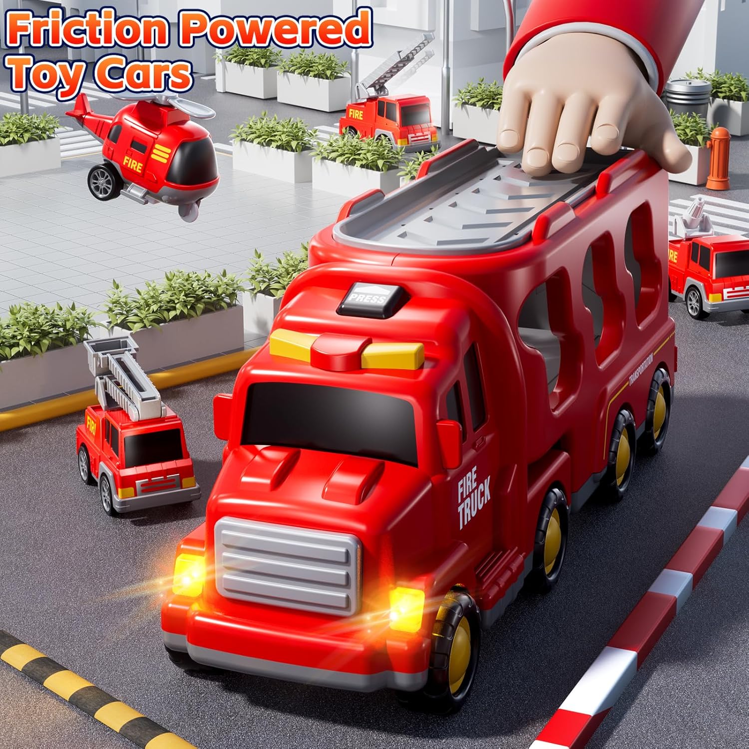Fidtoy 5-in-1 Fire Truck Carrier Playset for Kids with Helicopter Ladder Truck Lights and Sounds