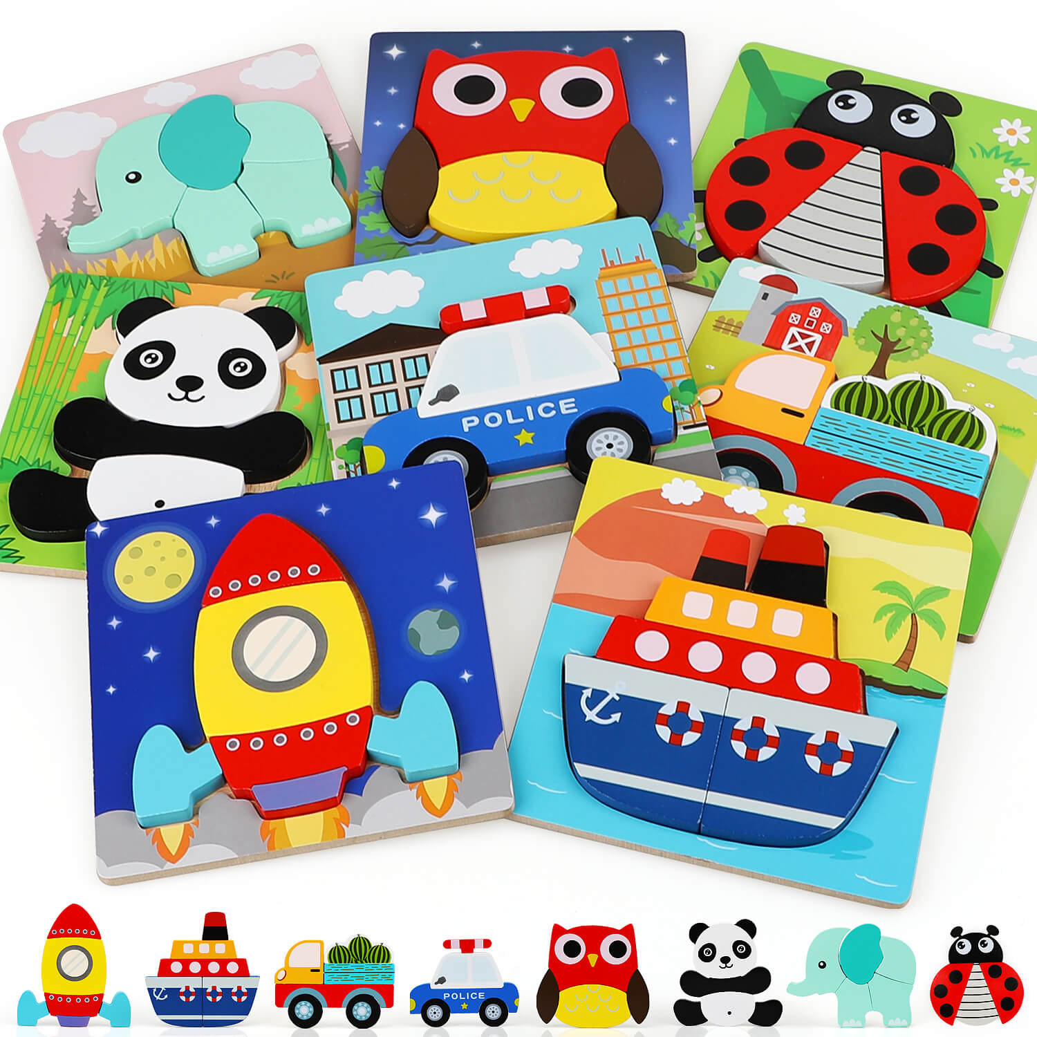 Fidtoy Wooden Shape Puzzle Set for Toddlers 8 Pack Learning Toy
